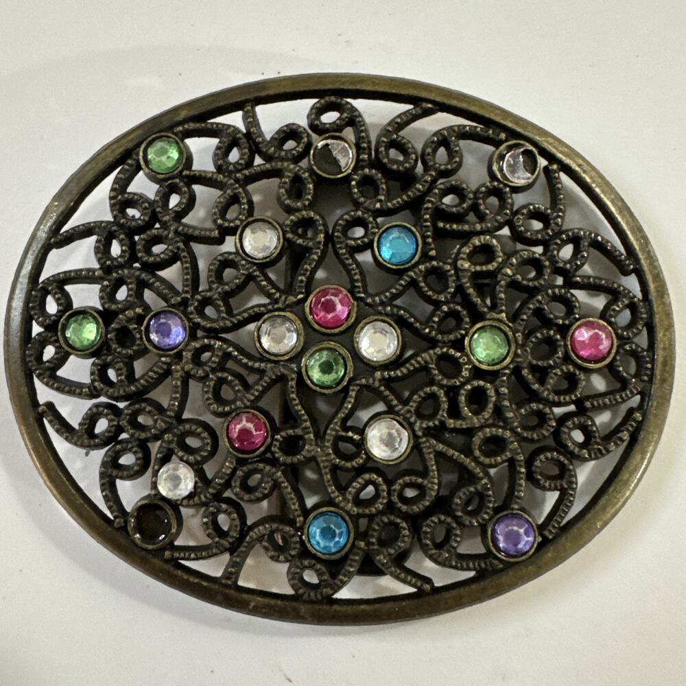 Vintage Art Deco Czech Style Filigree Brooch Pin Multi-Colored Rhinestones Bronz